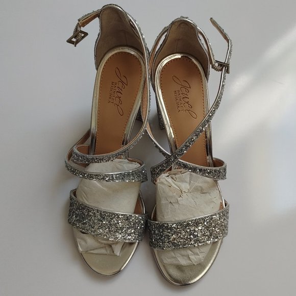 New Jewel Badgley Mischka Heel Sandals Silver Glitter - Picture 3 of 8